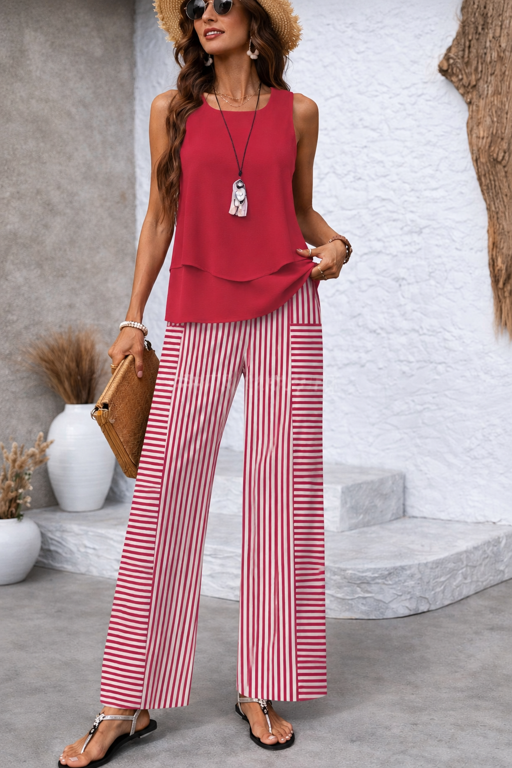 Ramona™ | Conjunto rosa: Top liso y pantalón a rayas