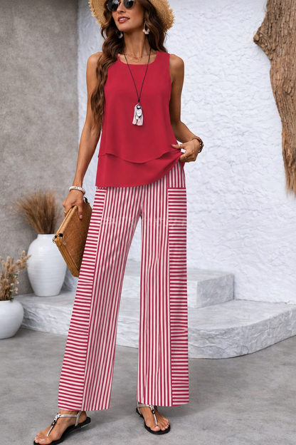 Ramona™ | Conjunto rosa: Top liso y pantalón a rayas