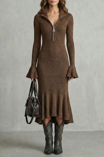 Veloria – Elegante vestido midi con mangas acampanadas y cierre de cremallera.
