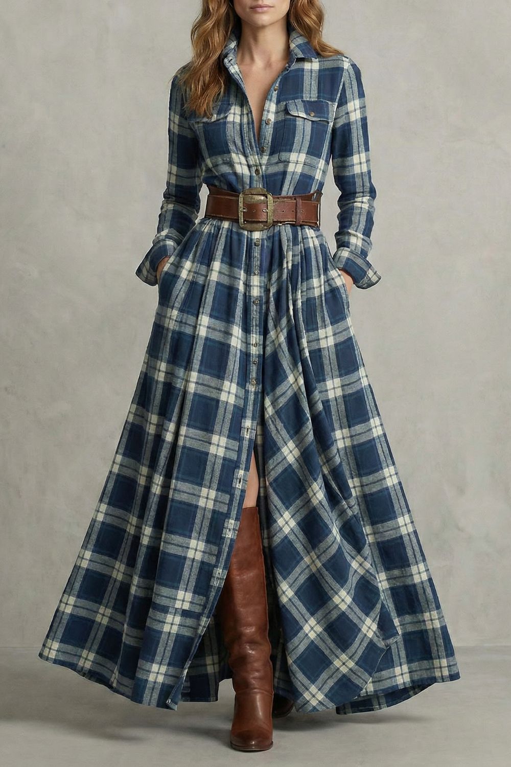 Velerine – Hoogland Encanto vestido camisola largo a cuadros con cinturón