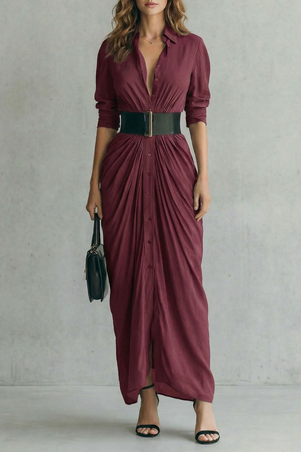 Solenzia – Vestido camisero largo plisado de talle alto con cinturón