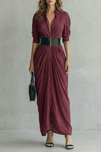 Solenzia – Vestido camisero largo plisado de talle alto con cinturón