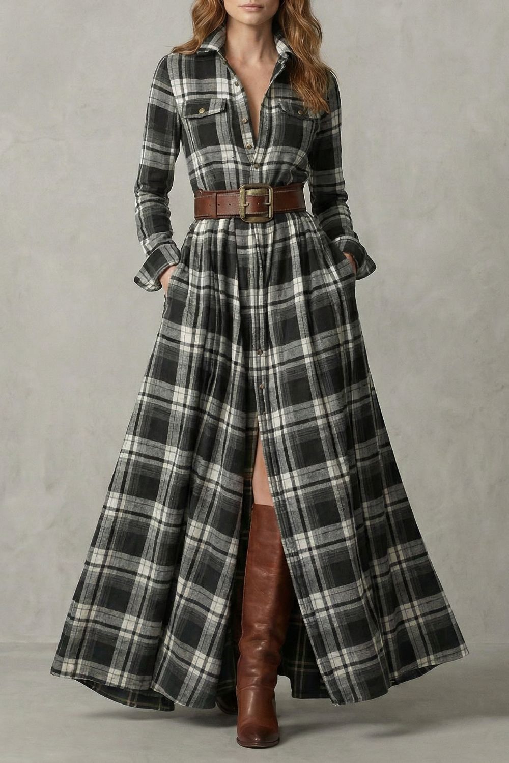 Velerine – Hoogland Encanto vestido camisola largo a cuadros con cinturón