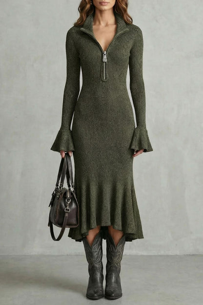 Veloria – Elegante vestido midi con mangas acampanadas y cierre de cremallera.