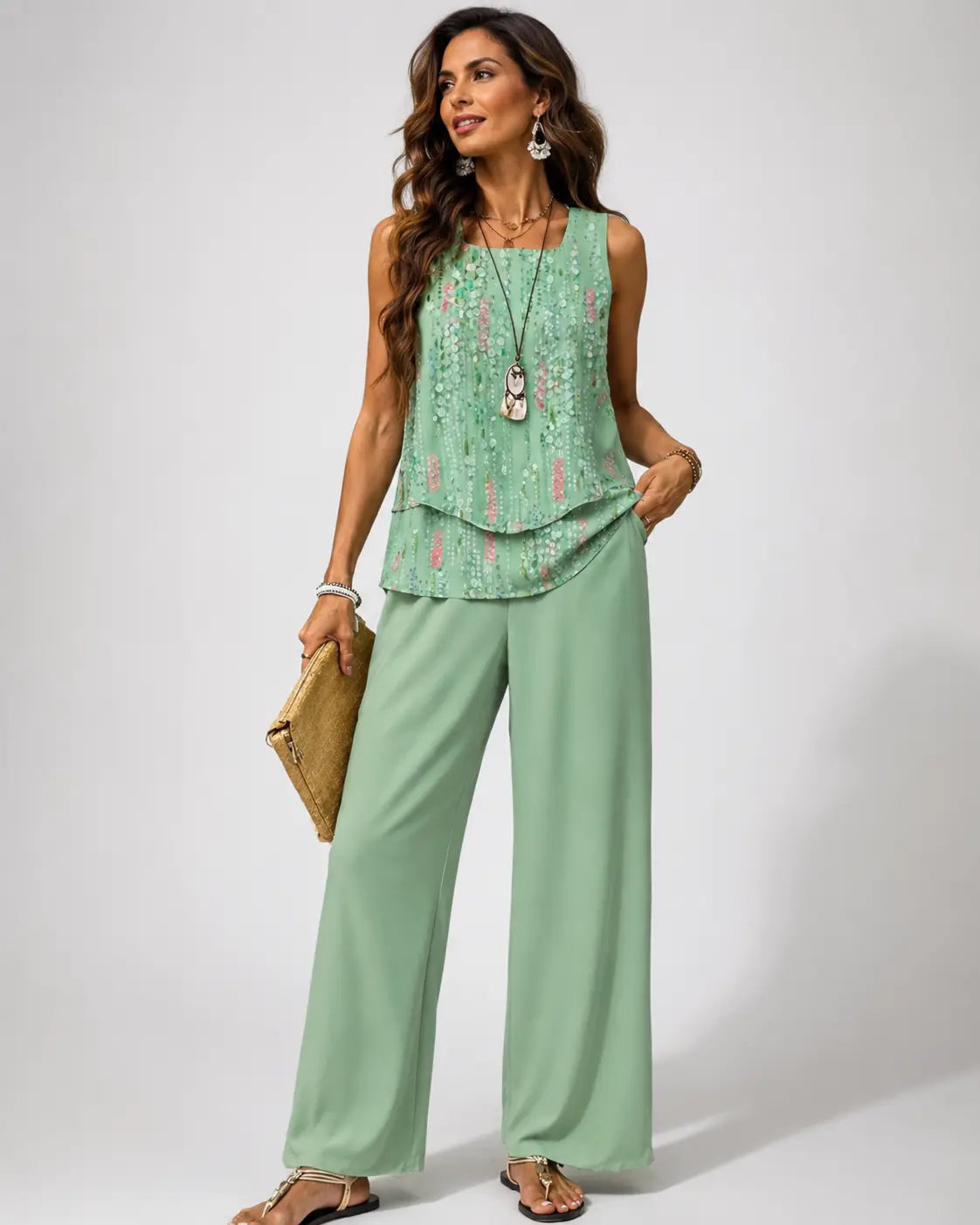 Maravillas™ | Conjunto de top y pantalón de capas verde menta