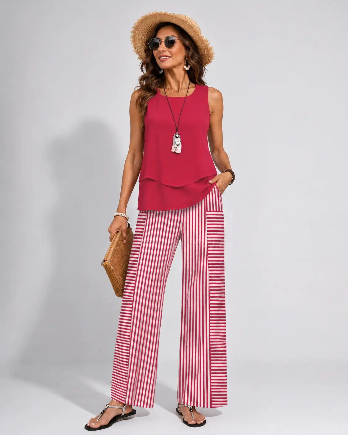 Ramona™ | Conjunto rosa: Top liso y pantalón a rayas