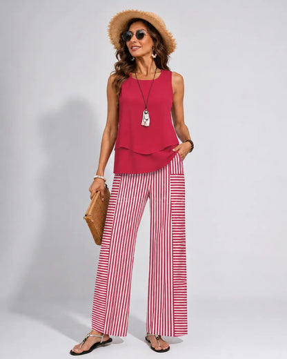Ramona™ | Conjunto rosa: Top liso y pantalón a rayas