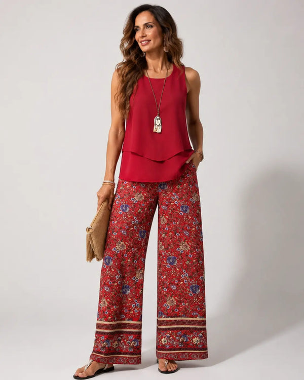 Cayetana™ | Conjunto de top de capas estilo bohemio y pantalón floral