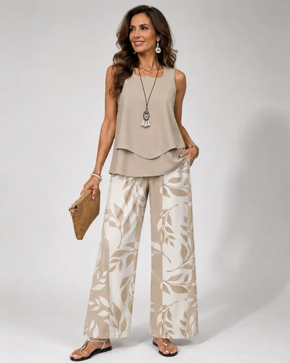 Ernestina™ | Conjunto natural: Blusa beige y pantalón con estampado botánico