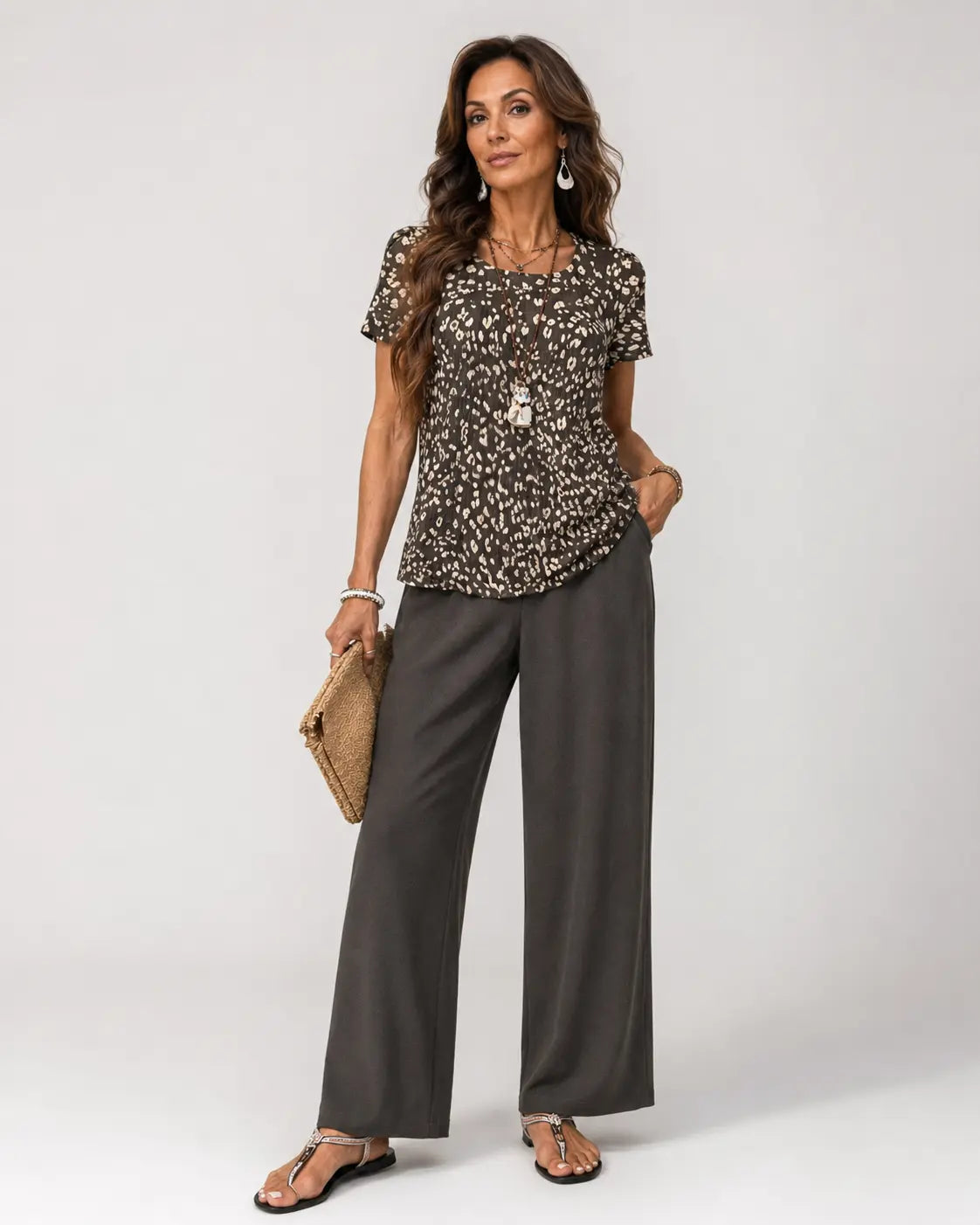 Higinia™ | Conjunto de top con estampado animal y pantalón de pierna ancha