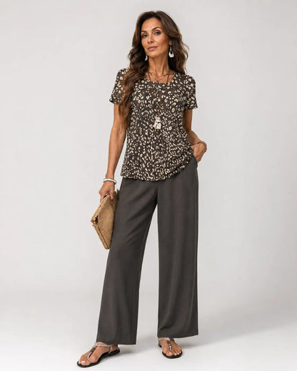 Higinia™ | Conjunto de top con estampado animal y pantalón de pierna ancha