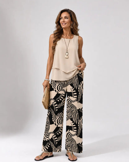 Ignacia™ | Conjunto de blusa beige y pantalón con estampado botánico