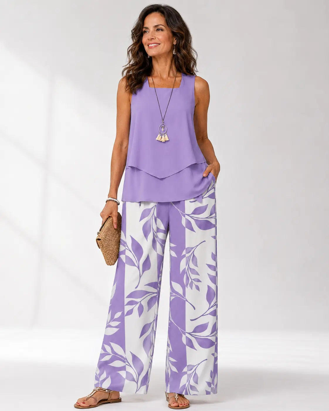 Justa™ | Conjunto de blusa y pantalón con estampado botánico lila