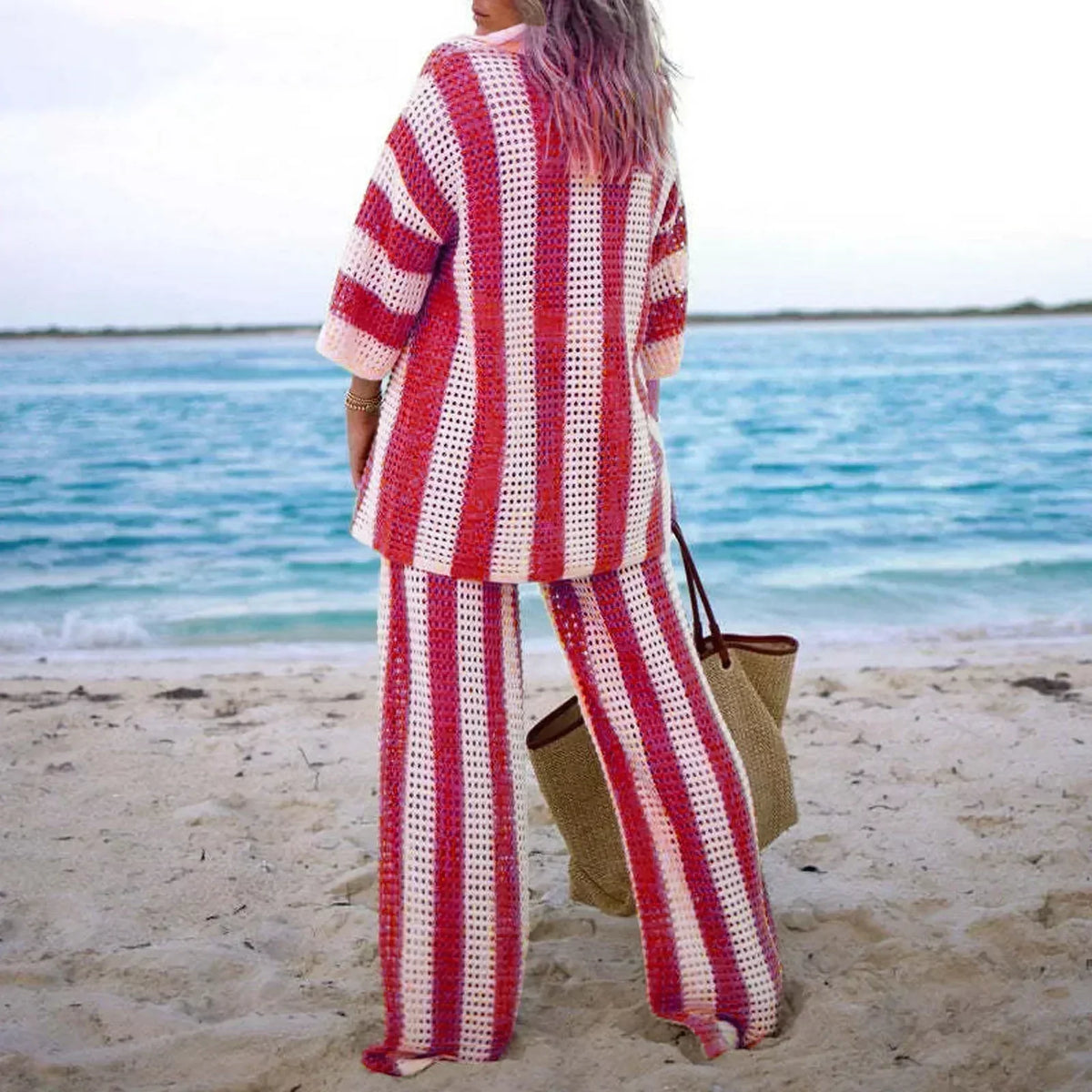 Zenaida™ | Conjunto de kimono y pantalón de crochet a rayas
