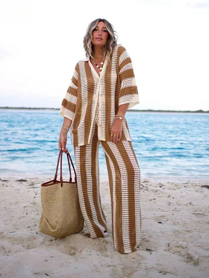 Zenaida™ | Conjunto de kimono y pantalón de crochet a rayas