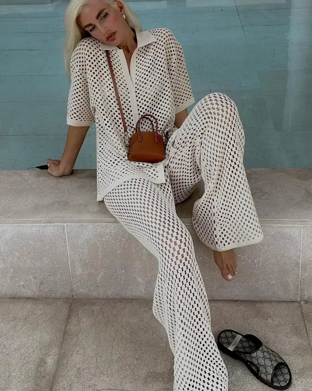 Zenaida™ | Conjunto de kimono y pantalón de crochet a rayas