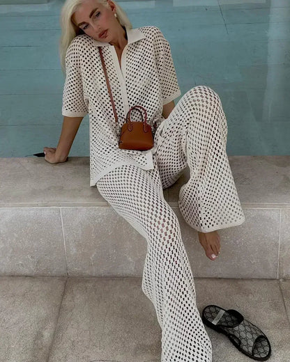 Zenaida™ | Conjunto de kimono y pantalón de crochet a rayas