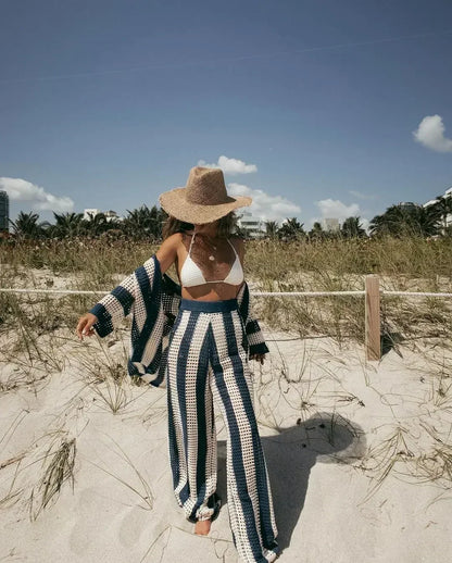 Zenaida™ | Conjunto de kimono y pantalón de crochet a rayas