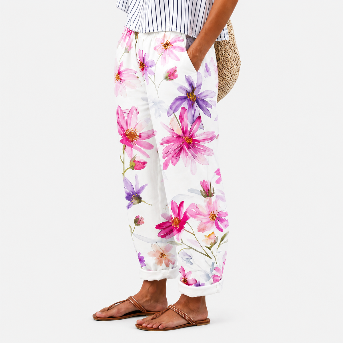 Pantalones de jardín cómodos con estampado floral