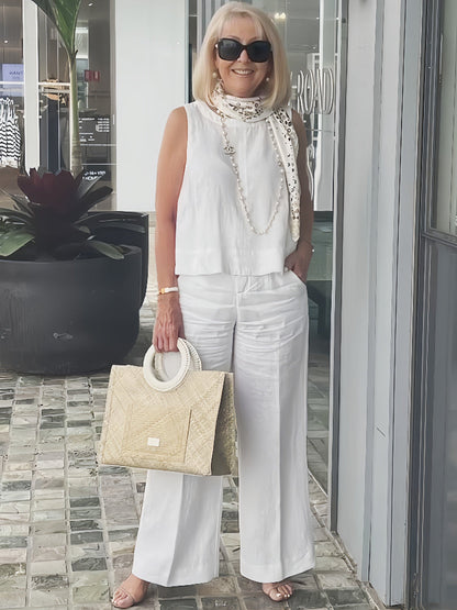 Trinidad™ | Conjunto blanco de blusa y pantalón de pierna ancha