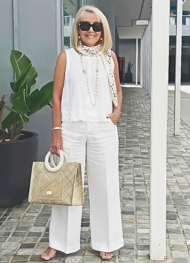 Trinidad™ | Conjunto blanco de blusa y pantalón de pierna ancha