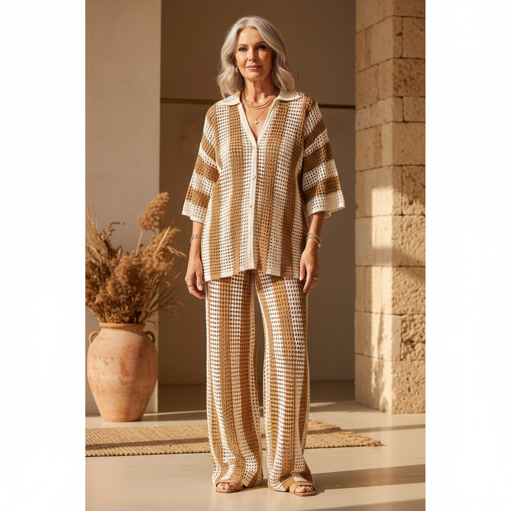 Zenaida™ | Conjunto de kimono y pantalón de crochet a rayas