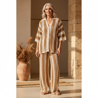 Zenaida™ | Conjunto de kimono y pantalón de crochet a rayas