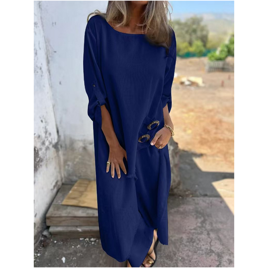 Conjunto cómodo de algodón y lino: vestido y pantalón de dos piezas.
