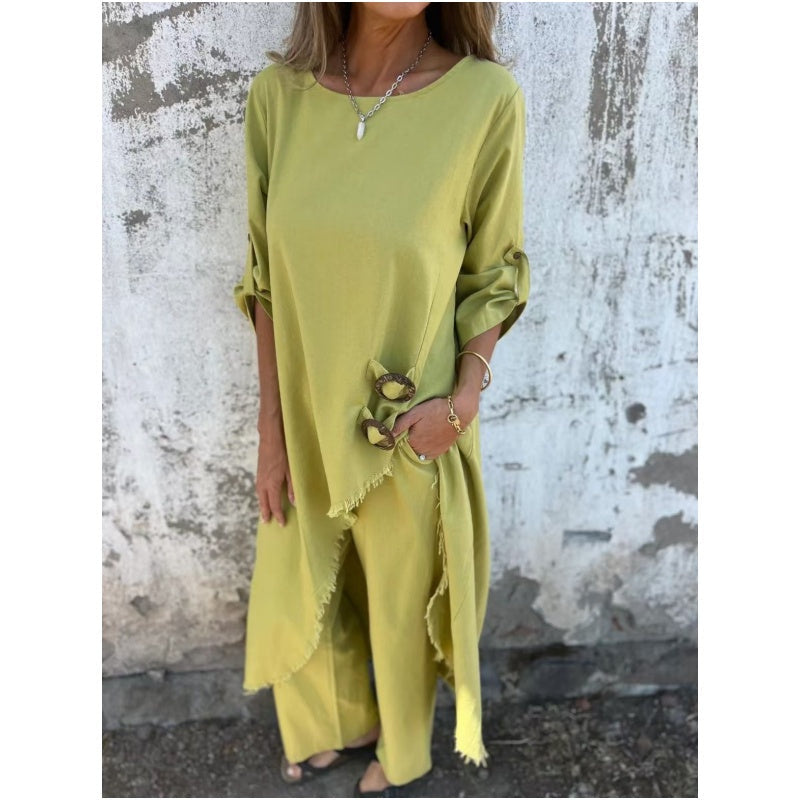 Conjunto cómodo de algodón y lino: vestido y pantalón de dos piezas.