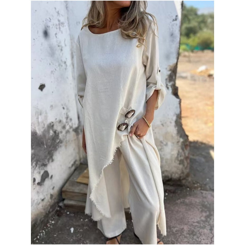 Conjunto cómodo de algodón y lino: vestido y pantalón de dos piezas.