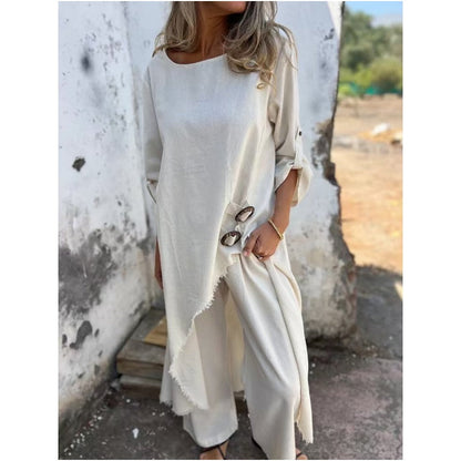 Conjunto cómodo de algodón y lino: vestido y pantalón de dos piezas.