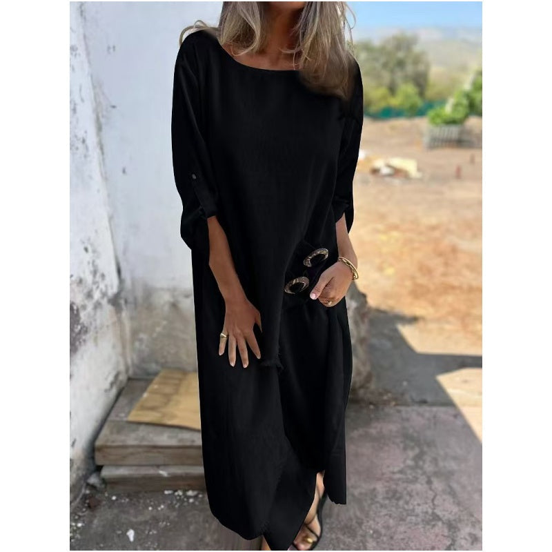 Conjunto cómodo de algodón y lino: vestido y pantalón de dos piezas.