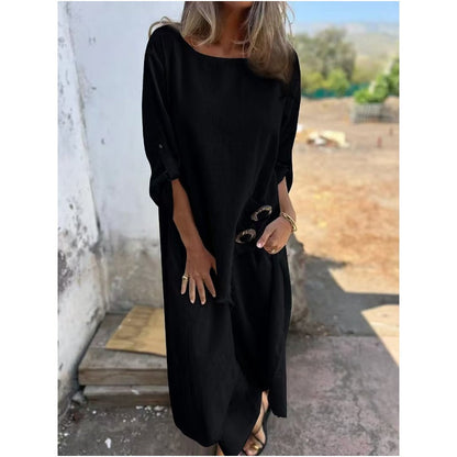 Conjunto cómodo de algodón y lino: vestido y pantalón de dos piezas.