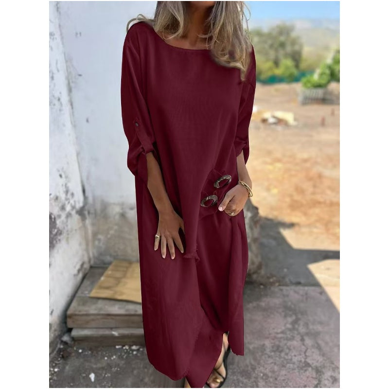 Conjunto cómodo de algodón y lino: vestido y pantalón de dos piezas.