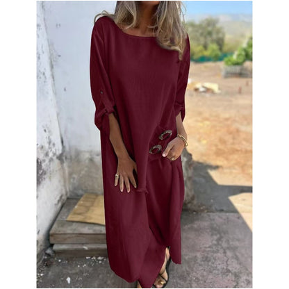 Conjunto cómodo de algodón y lino: vestido y pantalón de dos piezas.