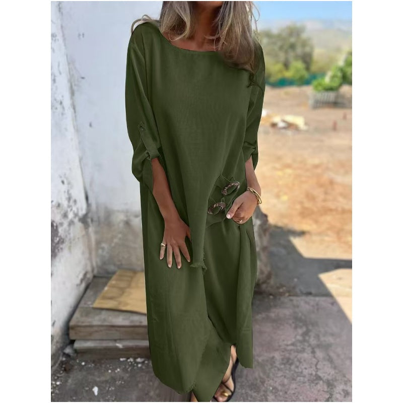 Conjunto cómodo de algodón y lino: vestido y pantalón de dos piezas.