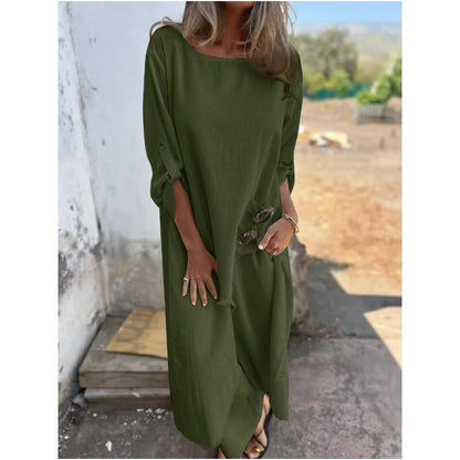 Conjunto cómodo de algodón y lino: vestido y pantalón de dos piezas.